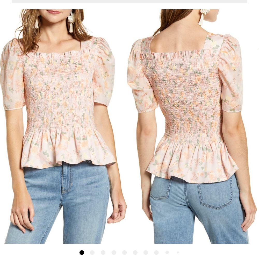 Pink floral puff sleeve peplum top